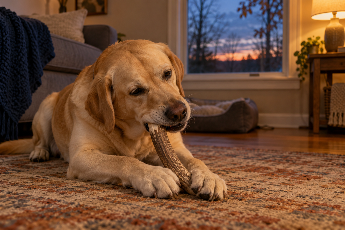 Yellow Labrador chewing a Devil Dog Pet Co elk antler on a living room rug at dusk on a fall evening.