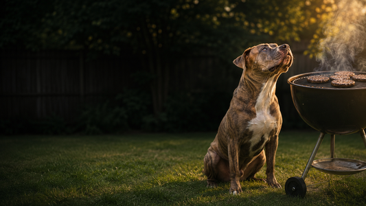 Brindle dog sitting beside a backyard grill at golden hour with burgers cooking at a summer cookout.
