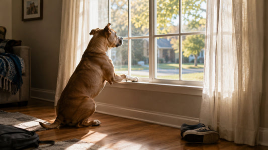 Dog watching out a front window as the family leaves for school in the morning.