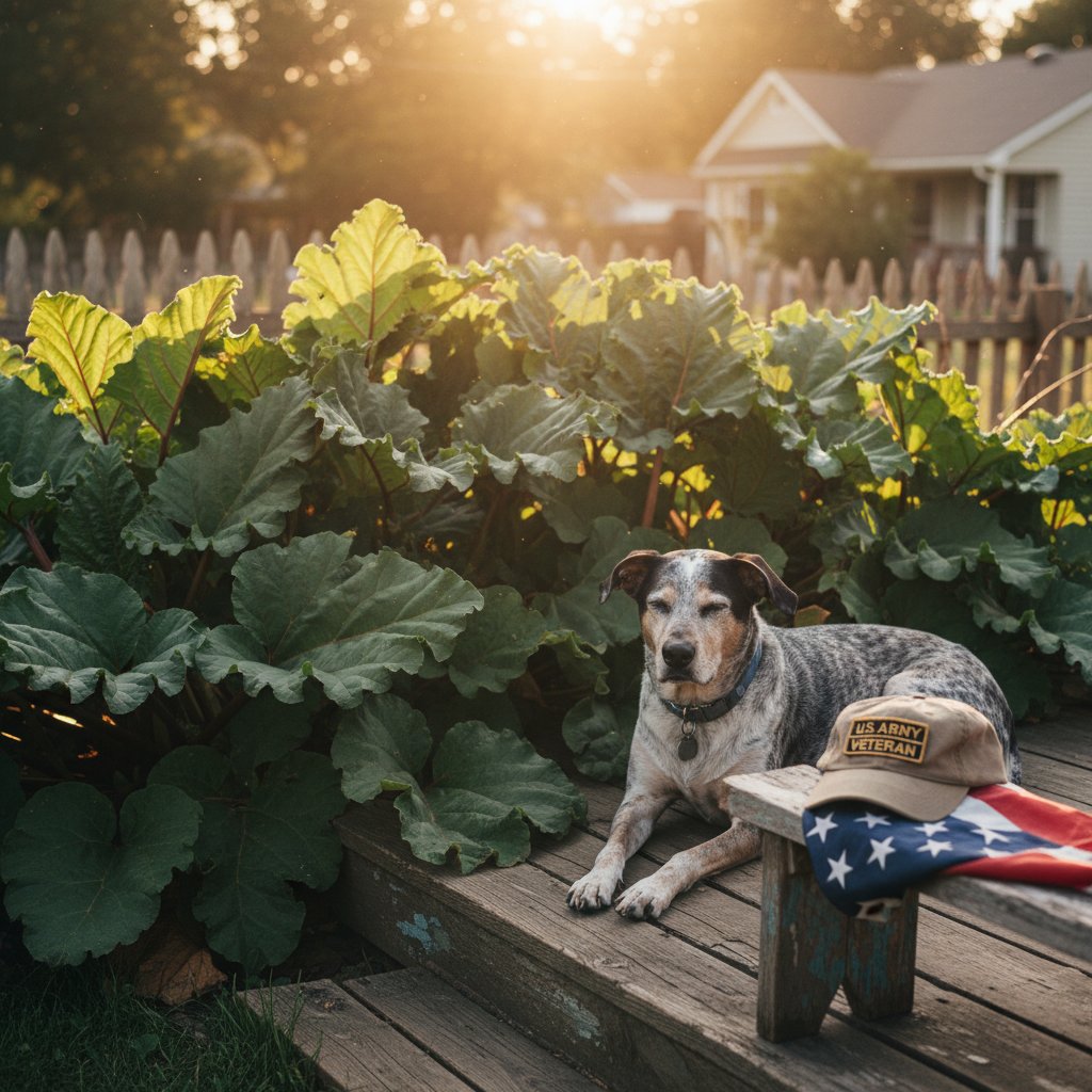 dogs and rhubarb plants